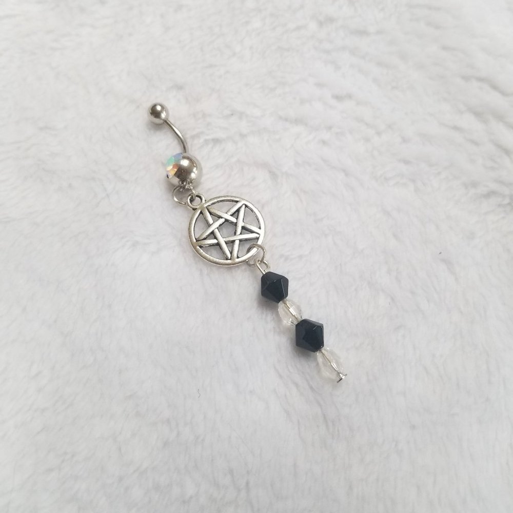 New Gothic Wiccan Pentacle Crystal Belly Ring  14G